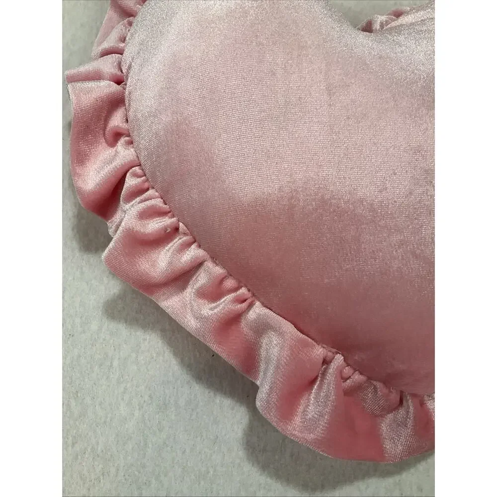 Sweet Pink Velvet Heart Decorative Throw Pillow, Solid, Ruffled Edge, Bedroom/LR